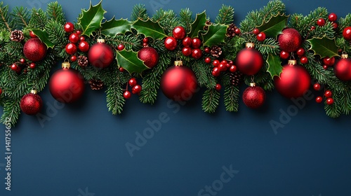 Holiday garland with red ornaments on dark blue photo