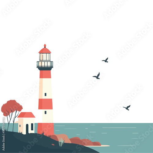 Serene Coastal Scene Featuring Classic Lighthouse with Red and White Stripes Surrounded by Gentle Waves and Flying Birds