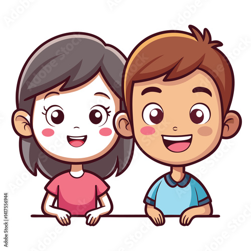 Cartoon Boy & Girl Smiling, Cute, Cheerful, Light Skinned, Holding Board, Isolated