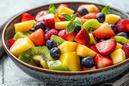 Obraz na płótnie Colorful fresh fruit salad with strawberries, kiwi, pineapple, and mint garnish w salonie