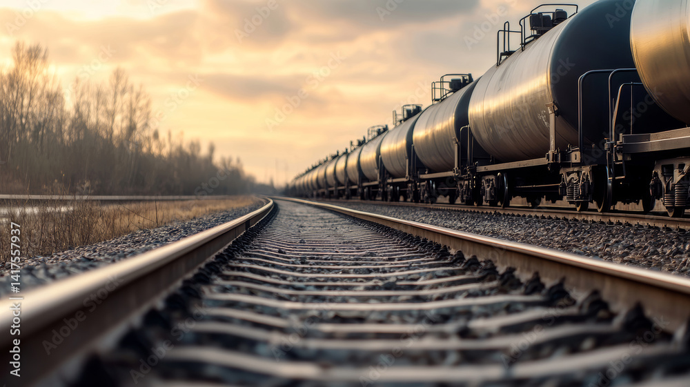 Naklejka premium Fisheye view of a continuous line of oil tank wagons on railway tracks under a moody industrial sky at dusk with trees in the background