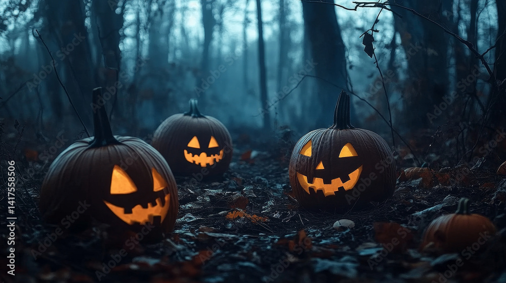 Fototapeta premium Three pumpkins with their mouths open and glowing in the dark