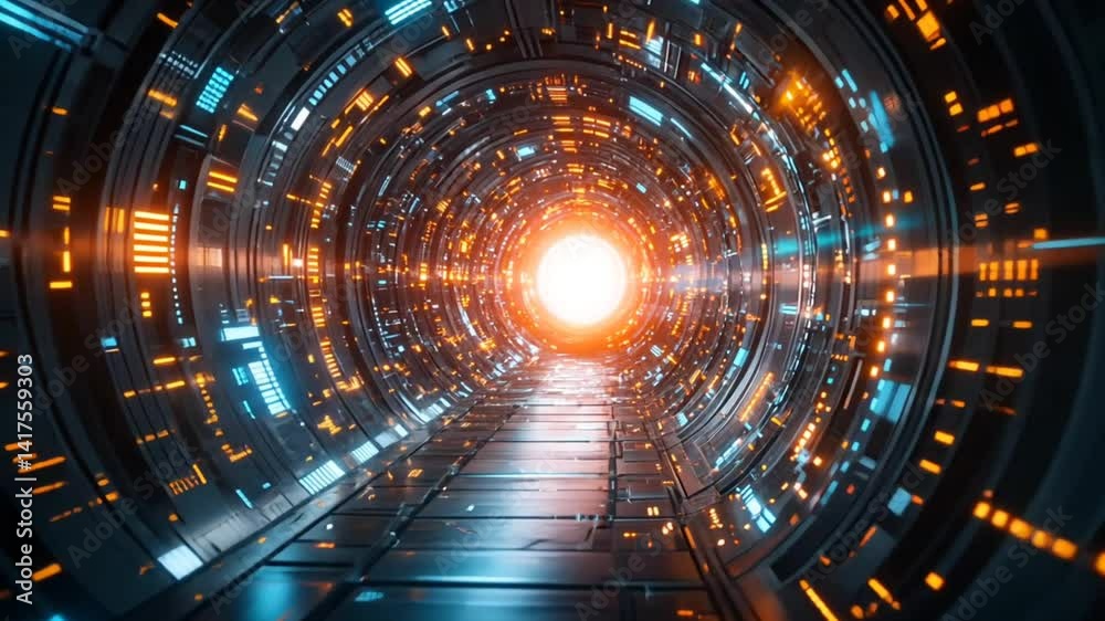 Futuristic tunnel glows with digital lights leading into bright energy source. Sci-fi technology concept Futuristic tunnel glows with digital lights leading into bright energy source. Sci-fi technology concept