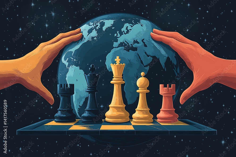 Fototapeta premium Global Strategy Chess Game With Planet Earth In A Space Environment