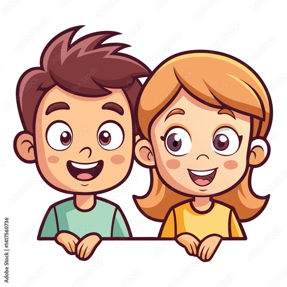 Smiling Cartoon Kids Illustration. Boy & Girl with Brown and Orange Hair, Isolated on White Smiling Cartoon Kids Illustration. Boy & Girl with Brown and Orange Hair, Isolated on White
