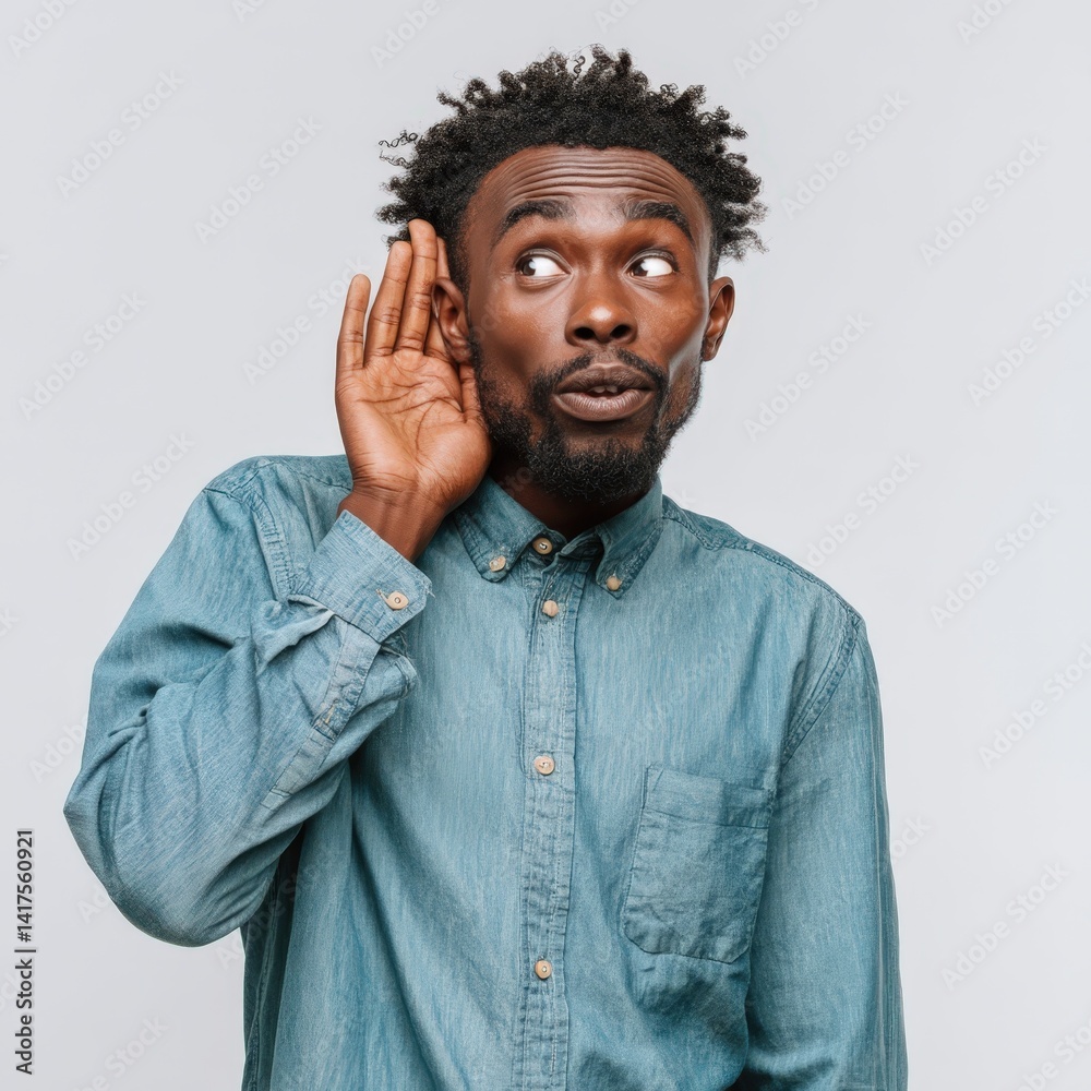 Fototapeta premium Curious African American man in denim shirt listening intently trying to hear something