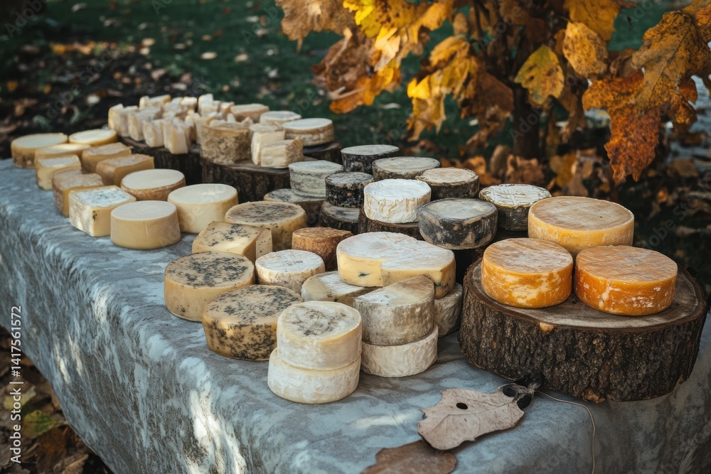 Assorted rustic cheeses displayed on outdoor table during autumn Assorted rustic cheeses displayed on outdoor table during autumn