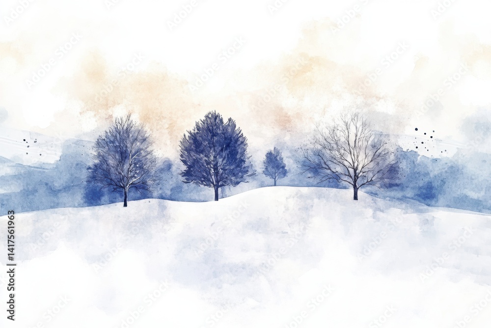 Obraz premium Tranquil winter landscape with snow-covered trees and soft watercolor sky