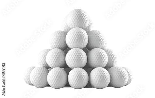 White golf balls stacked in a pyramid shape on a transparent background, PNG 