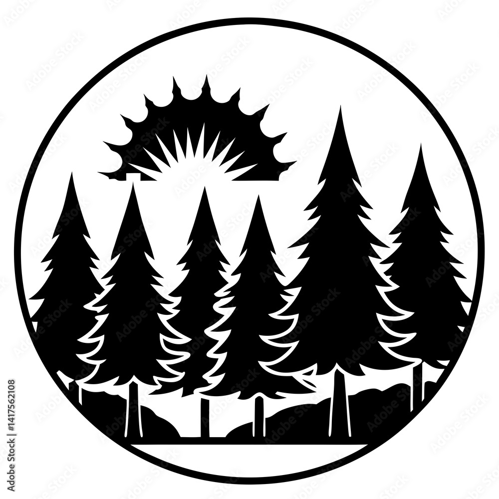 Fototapeta premium Blazing Sunset Over Forest vector silhouette black design white background