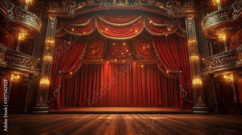 Ornate theater stage with rich crimson velvet drapes.