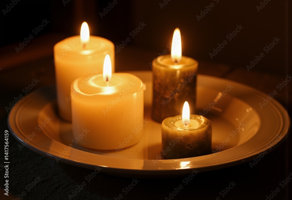 Elegant candles glowing in a decorative dish Elegant candles glowing in a decorative dish