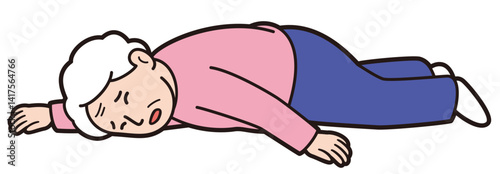 転倒して動けなくなっているおばあさんの教材風ベクターイラスト(A vector-style educational illustration of an elderly woman who has fallen and is unable to move)