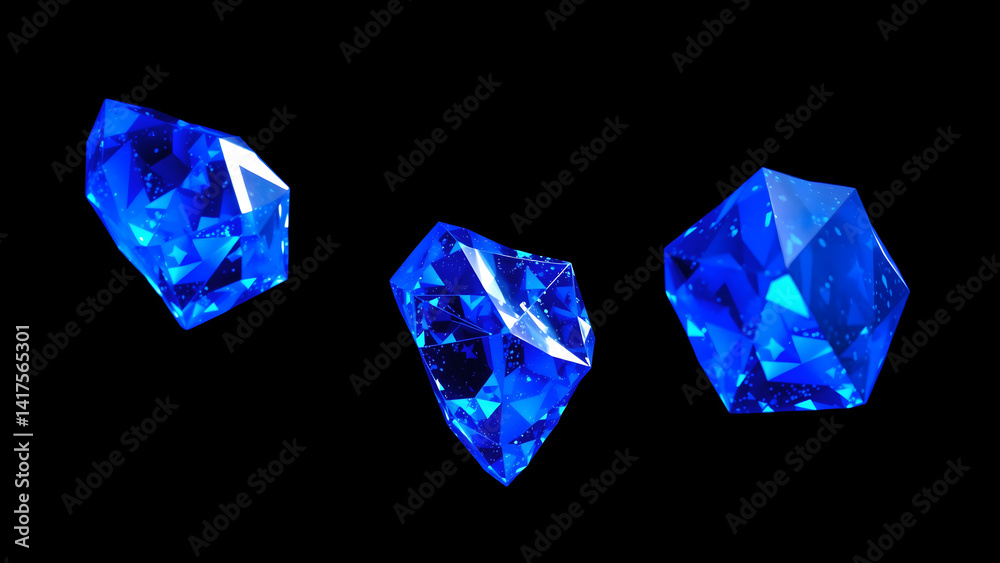 Geometric data crystals in varying cobalt hues, suspended in zero-gravity formation with light refraction