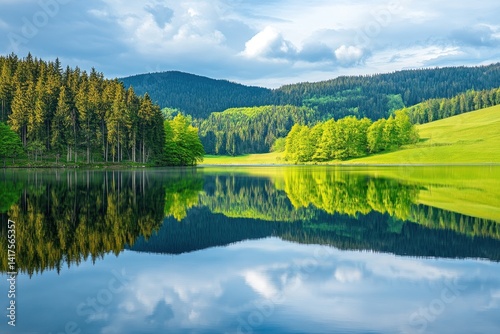 The emerald waters of Titisee Lake reflecting the vibrant green hills of the Black Forest, creating a stunning mirror-like image of nature beauty