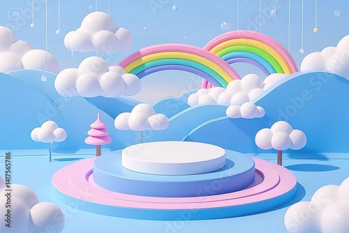  Image of a cute cartoon stage background with pastel colors, featuring a light blue platform 