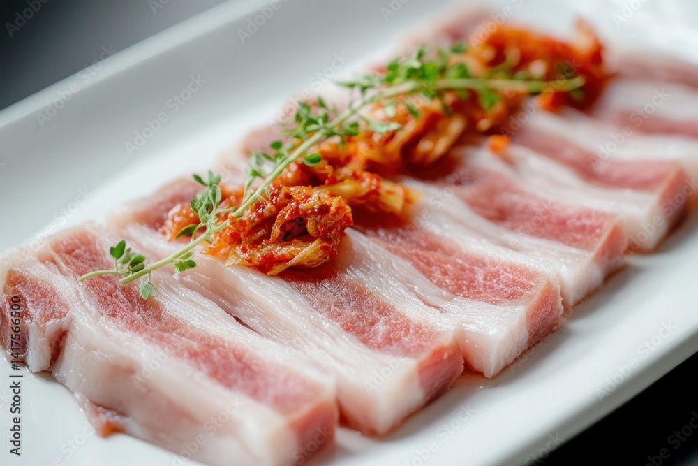 Thinly sliced raw pork belly garnished with kimchi, artfully arranged on a white plate to highlight the freshness and nutritional benefits of the ingredients Thinly sliced raw pork belly garnished with kimchi, artfully arranged on a white plate to highlight the freshness and nutritional benefits of the ingredients