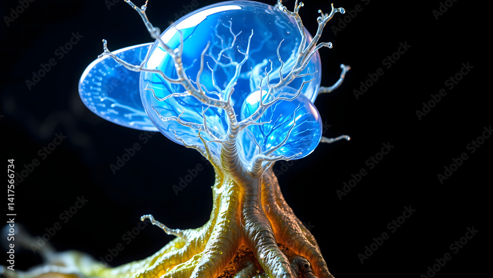 Organic AI growth form with translucent cobalt membranes and internal data vasculature, biological-tech fusion aesthetic