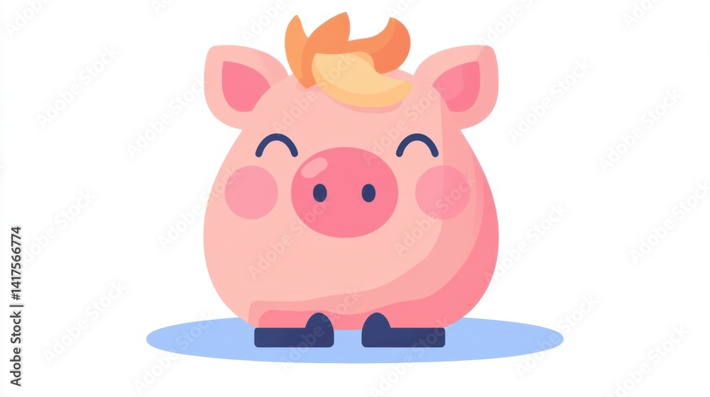 Fototapeta premium Happy pink pig illustration with orange hair, pixel art style.