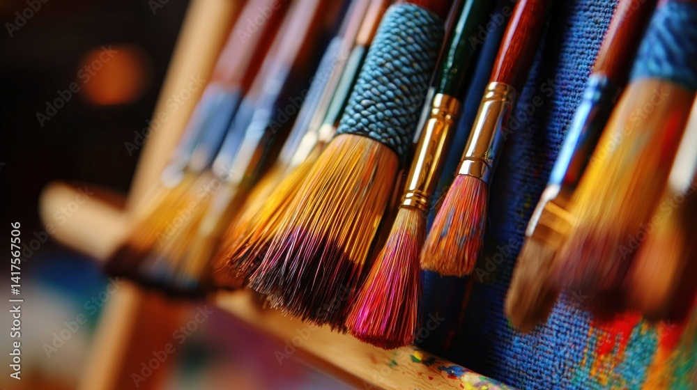 Fototapeta premium Colorful paintbrushes on easel, art studio