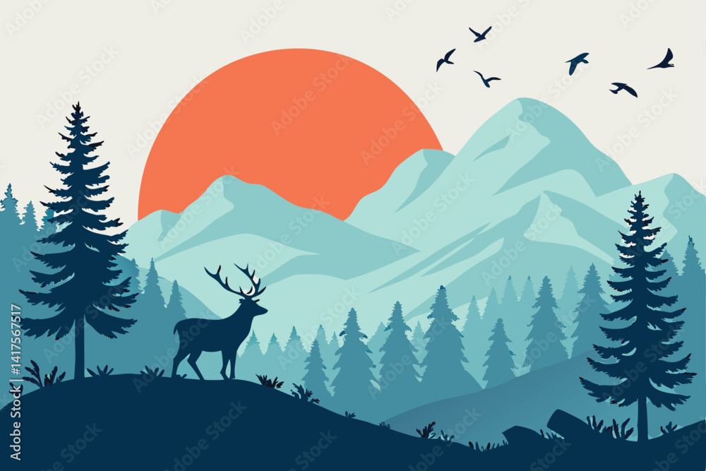 Fototapeta premium 55 Serene mountain landscape, vibrant sunset, silhouette of pine trees, misty forest, deer with antlers, birds flying, orange sun, layered mountains, blue hues, orange accents, digital illustration, m
