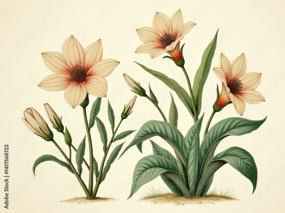 Fototapeta premium medicinal herbs and berries, traditional medicine Drawing of a flower with a green stem and a white flower.