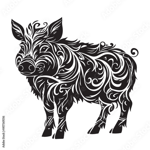 wild boar in patterns of flowers, vector, black and white graphics

