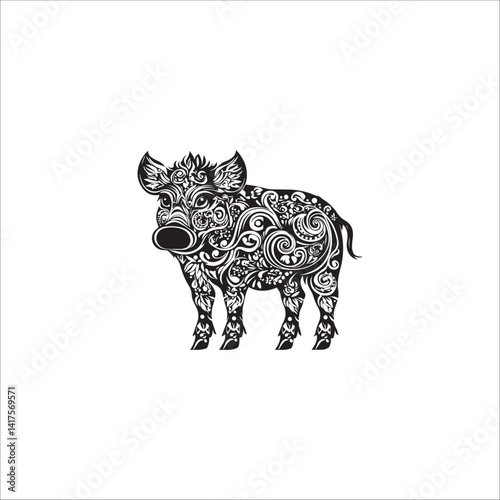wild boar in patterns of flowers, vector, black and white graphics
