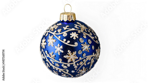 Elegante esfera navideña azul con patrones dorados y plateados de copos de nieve y líneas decorativas, perfecta para ilustraciones festivas y fondos decorativos