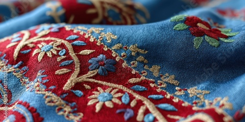This close-up image features a beautifully embroidered fabric showcasing detailed floral patterns in vibrant colors, highlighting the skill of textile artistry and craftsmanship.