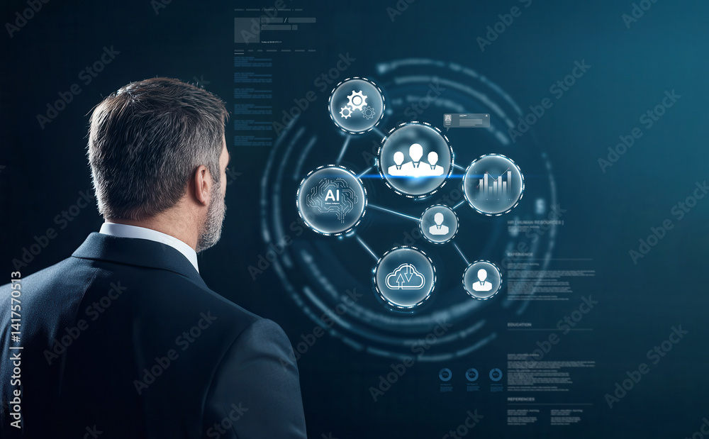 business executive analyzes digital data and technology, showcasing career evolution and innovation in modern workspace. image reflects focus on artificial intelligence and networking