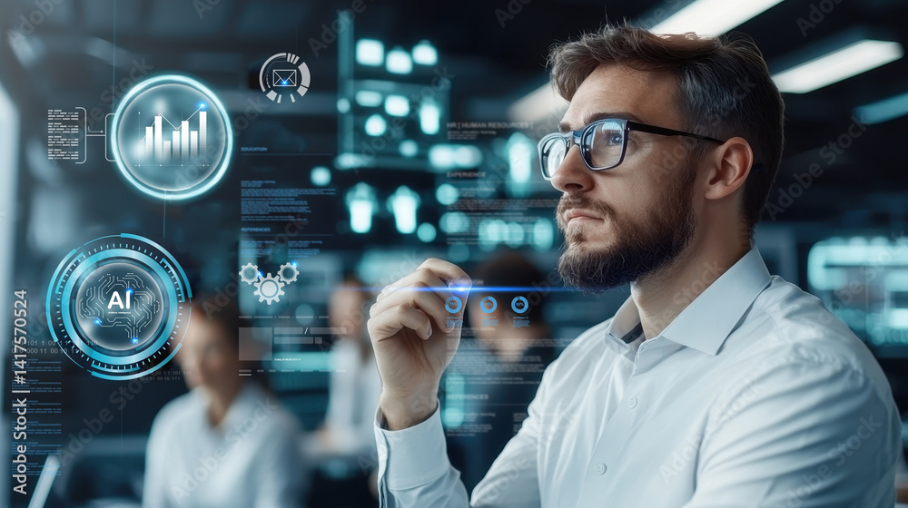 thoughtful employee in modern workspace analyzes data and technology, surrounded by digital interfaces and futuristic elements, reflecting innovation and collaboration