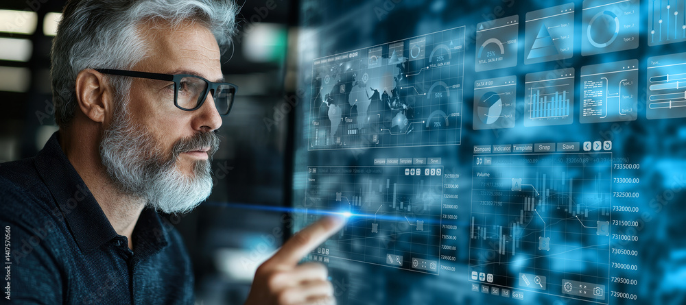 professional trainer analyzing digital data on futuristic interface, showcasing advanced technology and digital skills. scene conveys sense of innovation and expertise