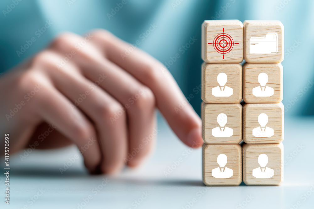 Building tower of wooden cubes, professional hand carefully stacks blocks featuring icons representing users and target symbol, symbolizing focus and organization in business
