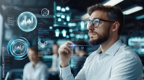 Obraz na płótnie thoughtful employee in modern workspace analyzes data and technology, surrounded by digital interfaces and futuristic elements, reflecting innovation and collaboration w salonie