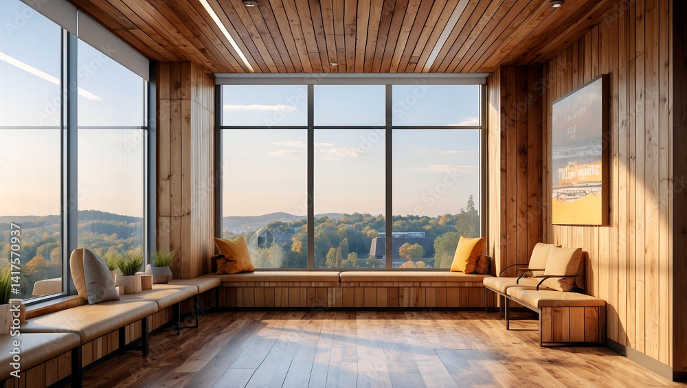 Fototapeta premium Elegant wooden office interior with panoramic view