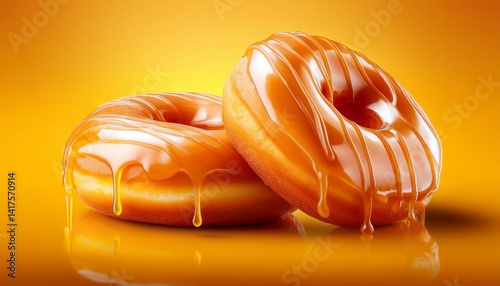 Maple Syrup Donut with Glaze Toping on Golden Yellow Background Isolated