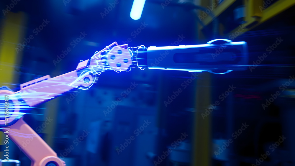 Industrial robotic arm motion trails in glowing cobalt, abstracted manufacturing concept