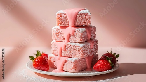 Stacked Pink Lamington Cake with Coconut Flakes – Strawberry-Flavored Sweet Treat Photography