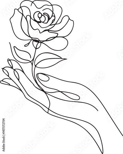 A delicate hand rendered in flowing continuous lines holding a single sunflower suggesting grace and tenderness in a minimalist and symbolic floral art style