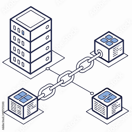 Network Blockchain Isometric Illustration With Servers Connected By Chains For Security