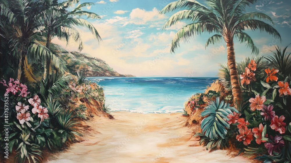 Fototapeta premium Colorful tropical beach painting with palm trees, flowers, and ocean view under a bright sky, showcasing a paradise-like scene in vivid brushstrokes. Vacation card, copy space.