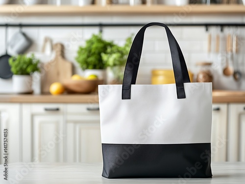 Fashionable large canvas tote bag with black trim, white background, and a kitchen scene in the background, high-resolution product photograph