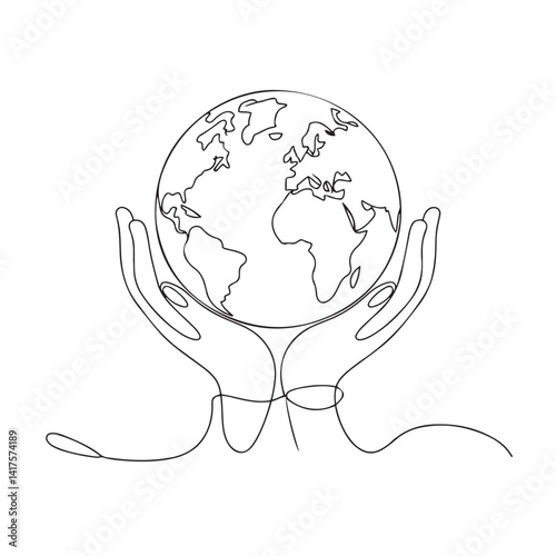 Hands holding a globe in a continuous line style symbolizing unity support and global care with flowing fingers and a softly rendered spherical earth illustration
