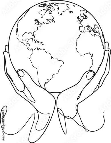 A symbolic line art illustration of hands gently holding a globe with open fingers suggesting connection global awareness and unity in an elegant style