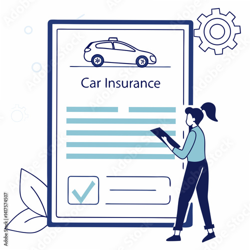 Woman Reviewing Car Insurance Document With Approved Checkmark And Vehicle Illustration