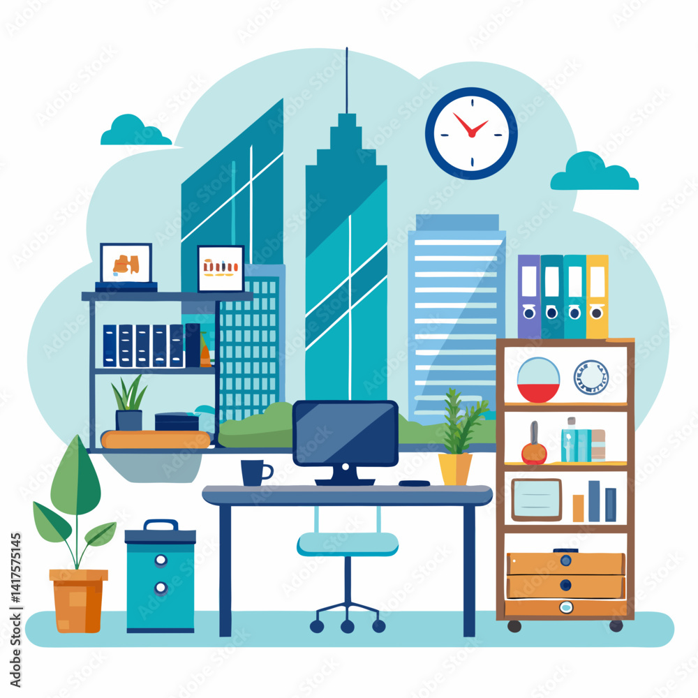 Modern Office Space With Desk Chair And Cityscape View Illustration