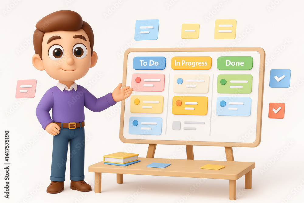 3D character stands by Kanban board with colorful columns labeled “To Do,†“In Progress,†and “Done,†showcasing task cards 3D character stands by Kanban board with colorful columns labeled “To Do,†“In Progress,†and “Done,†showcasing task cards