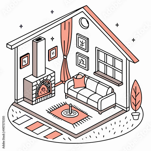 Isometric Living Room Illustration Showing Fireplace And Couch In Minimalist Style