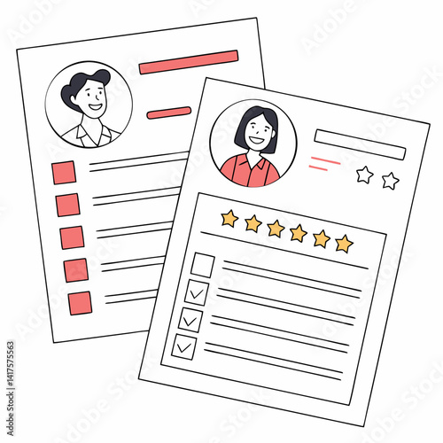 Two Human Resources Sheets With Portrait Checkboxes And Star Rating Review
